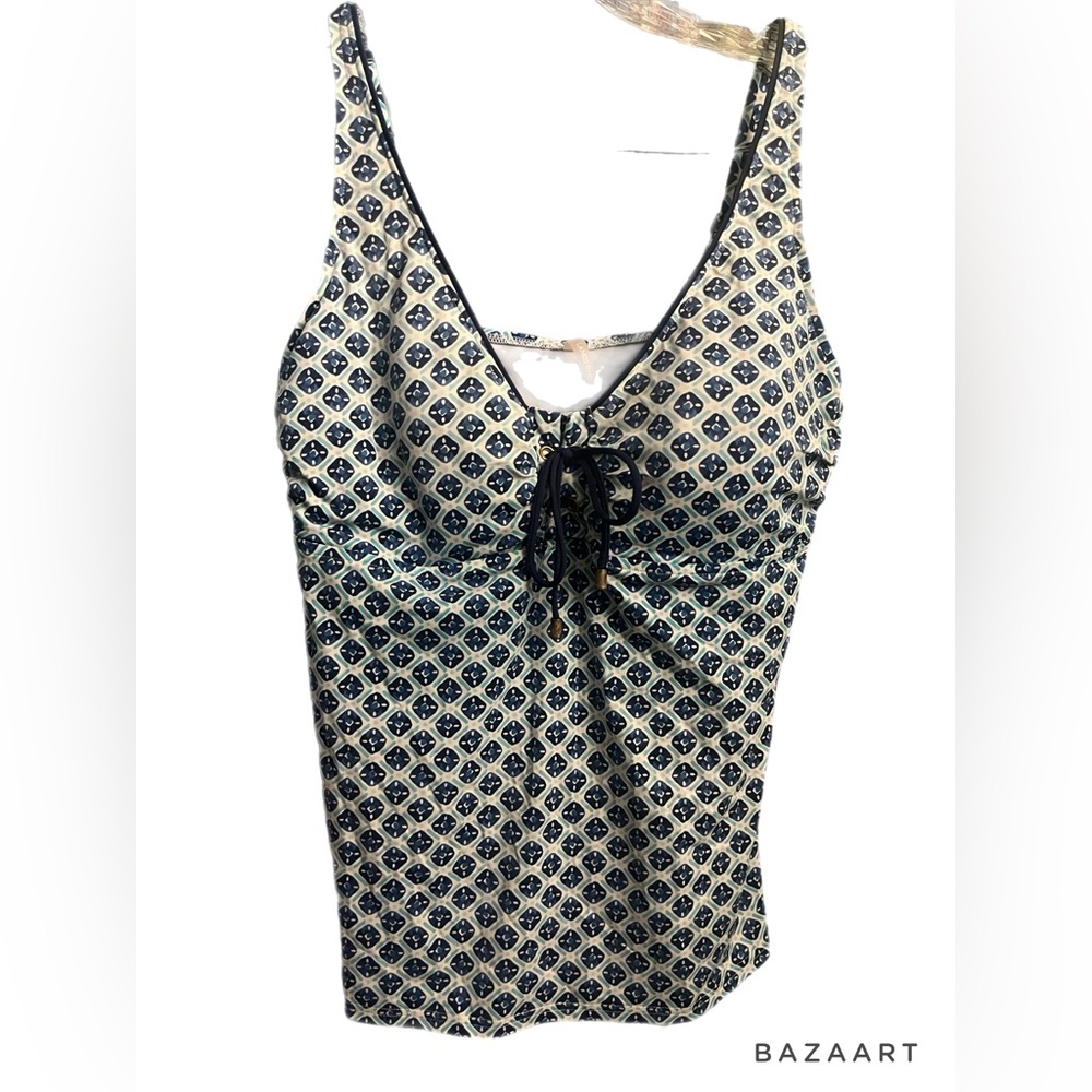 Lands End blue green white geometric print tankini top size 14 beach swim